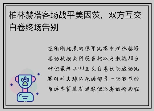 柏林赫塔客场战平美因茨，双方互交白卷终场告别